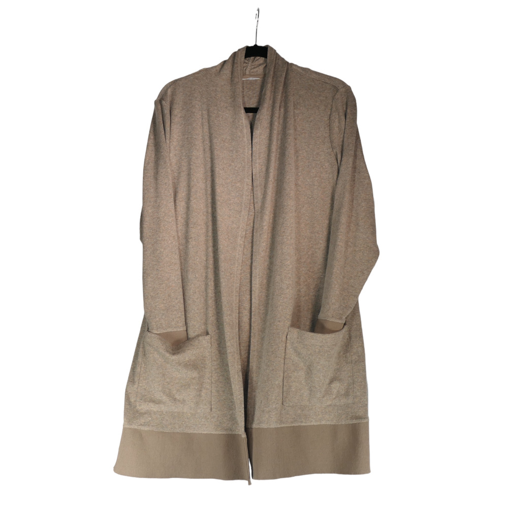 QVC Long Cardigan Sweater Womens Medium Brown Duster Soft Knit Pockets Cozy Chic
